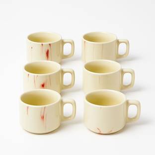 OCEAN FASHION AND STYLE Pack of 6 Ceramic Ceramic Solid Multi with Printed Round White Matte Tea Cup/Coffee Cup Set with Handle set of 6