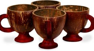 Coccinia Pack of 4 Wooden Coconut Shell Tea Cup with Rosewood Handle | Set of 4 | 100% Organic | Natural