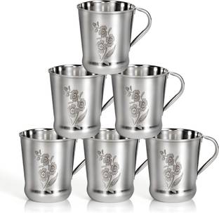 Q4S Pack of 6 Stainless Steel Chai Coffee Cup for drinks Flower Pattern with round handle