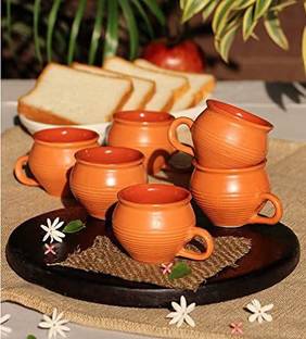 Neema Handicrafts Pack of 6 Ceramic Printed Tea Cup/kulhad Set with Handle Set of 6 kulhad (Brown)