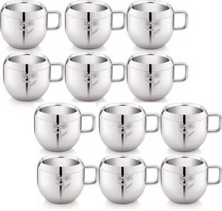 LIMETRO STEEL Pack of 12 Stainless Steel Double Wall Apple Laser Printed Flower Design Tea, Coffee Cup,
