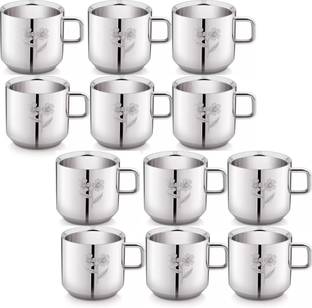 LIMETRO STEEL (Pack of 12) Laser Printed Double Wall Flawer Design Tea & Coffee Cup Glass Set Hot Beverage Glass
