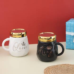 The Procure Store Pack of 2 Ceramic King & Queen Mirror Lid Ceramic Coffee Mug Set