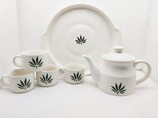 The Earthy Store Pack of 6 Ceramic Hand Painted Ceramic Tea Pot Kettle Set, 4 Cups 170ml , Kettle 600ml and Tray