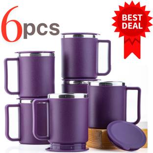 Snowberry Pack of 6 Plastic, Stainless Steel 220ml Tea Cup Set, Stainless Steel Mug, Chai Cup, Steel Cup With Lid