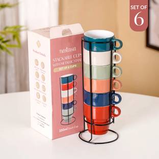Nestasia Ceramic Stackable Cups Set Of 6 Multicolour With Box