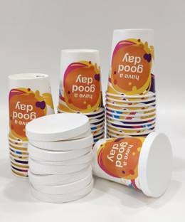 Paricott Pack of 100 Paper Cups 240ml Good Day Printed with Paper Lid Disposable Party (Pack of 100 Pieces)