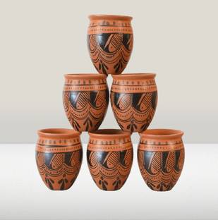MITTICOOL Pack of 6 Earthenware Clay Jully Cup Set 6pc Black Spade Design