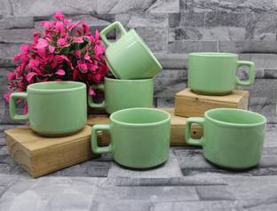 laghima jadon Pack of 6 Ceramic Tea/Coffee Hotel Plain Palegreen Cup Round Shape Cups 130ML