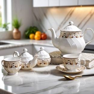 UPC Pack of 15 Ceramic Tea Set With Kettle, Cup Set With Saucer or Tea Cups Set for Kitchen.