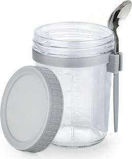 Adhunyk Pack of 1 Glass Containers with Lids and Spoons 350 ML Mason Jars for Overnight Oats Jars