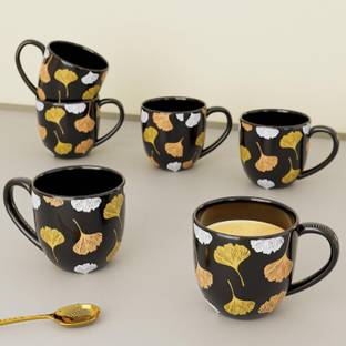 Moon Dust Pack of 6 Ceramic Black Golden Floral Printed Round Shape