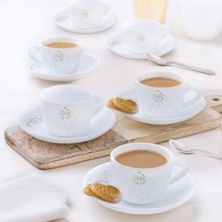 Larah by Borosil Pack of 12 Opalware Ingot 140 ml Opalware Cup and Saucer Set