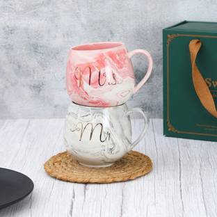 The Procure Store Pack of 2 Ceramic, Bone China Mr & Mrs Marbel Finish Coffee Mug set