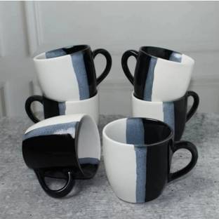 maalaxmi store Pack of 6 Ceramic BLACK TONE WHITE CERAMIC TEA CUP