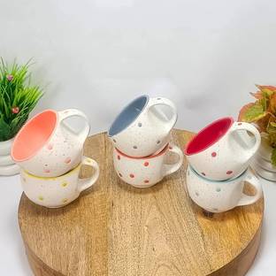 Kartik Handicraft Pack of 6 Bone China, Ceramic Handcrafted white Pari Dot Printed Microwave Safe Tea Cup/Coffee Cup Set (White, Multicolor)