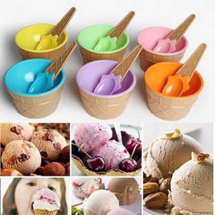 Black mirror Pack of 6 Plastic COLORFUL SET OF 6 ICE CREAM DESS JELLYERT BOWL WITH A SPOON