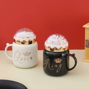 The Procure Store Pack of 2 Ceramic Ceramic Ceramic King Queen Coffee Mug Set with Colorful Ball Lid