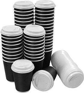 Biodis Pack of 50 Paper Biodis Ripple Paper Disposable Coffee Tea Cup 250 ml 50pcs Black with White Lid