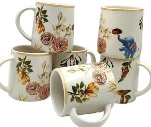 AAV WORLD Pack of 6 Ceramic ELEPHANT 6 MUG SET IN WHITE CERAMIC