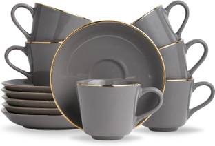 Shay Ceramic Premium Tea Cup Saucer Set of 6 | Grey | Real 24K Gold Line | 180ml
