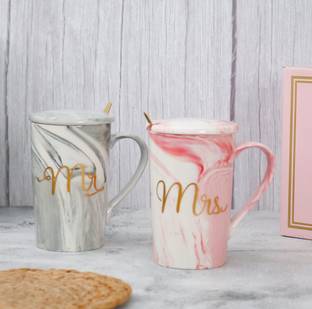 The Procure Store Pack of 2 Ceramic Wave Pattern Long Coffee Mug Set With Lid & Golden Spoon Set of 2