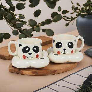 kaolinite Pack of 2 Ceramic Handprinted Panda Premium Coffee Cup With Saucer | Tea Cup Set