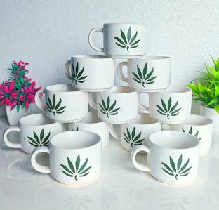 Clay heaven Pack of 12 Ceramic Matty White Leaf Design Hotel Shape Cup Set