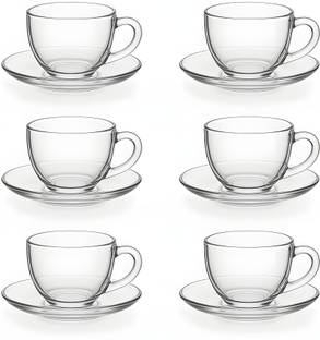 Massive Reckon Pack of 12 Glass Roma Glass Tea Cup & Saucer Set, Clear Cups, 180 ml Capacity (Set of -6- Cup -6 & Saucer -6)