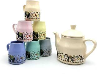 Luminescence Enterprises Pack of 7 Ceramic Luminescence Ceramic 750 ML Tea Pot & 120 ML Cups set, Multicolor, Pack Of 7