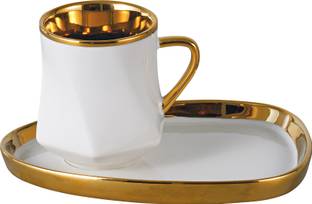 Lemon Tree Pack of 2 Ceramic Ceramic Tableware Tea Coffee Cups & Saucer Set for Morning & Evening Tea, 220 ml