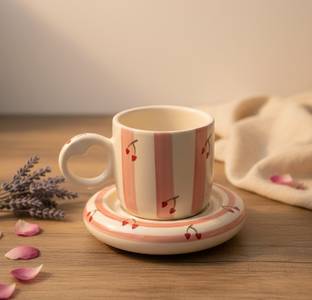 ABC Pack of 1 Ceramic Pink Strawberry Ceramic Heart Handle Cup with Saucer Set for Tea Coffee Gift Use