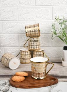 Femora Pack of 6 Bone China Traditional Circles with Leaves Pattern Fine Bone China Golden Tea Cups 180ML
