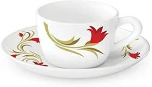 BOROSIL Pack of 1 Glass Red Lily Opalware Cup and Saucer Set, 145ml, 12-Pieces, White and Red Lilly