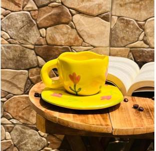 The Earthy Store Pack of 2 Ceramic Sunshine Bloom Coffee Mug and Saucer Set Pastel Cup Saucer Set