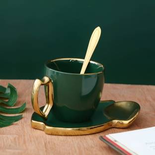 The Procure Store Pack of 1 Ceramic Ceramic Leaf design Bottle Green Cup and Plate Set With Metal Spoon
