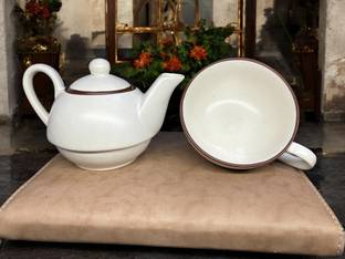 Fariya Pack of 2 Bone China Bone China White Glossy Tea Pot with Single Cup Set | 400ml Pot & 250ml Cup