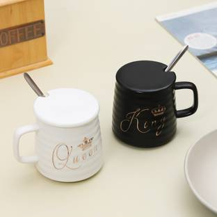 The Procure Store Pack of 2 Ceramic King Queen Ceramic Mug Set With Lid and Silver Spoon Set of 2