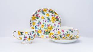 Golden Queens Pack of 12 Ceramic GOLDEN QUEEN'S Cups & Saucer Set for Coffee/Tea - Set of 12 pcs (Daffodil)