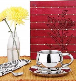 Prateek Kitchenware Pack of 1 Stainless Steel Stainless Steel Premium Quality Double Walled Insulated Cup & Saucer Set
