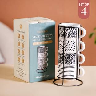 Nestasia Ceramic Set Of 4 Stackable Ceramic Cups With Stand Black White