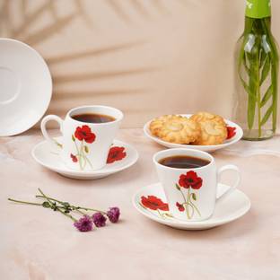 DANDY LINES Pack of 12 Bone China Lara Red Poppy cups and saucers, 50012