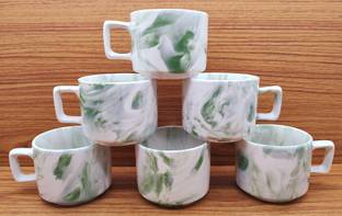 laghima jadon Pack of 6 Ceramic Bone China Coffee Cups & Tea Hotel Cup Round shape 130ML (White & Light Green)