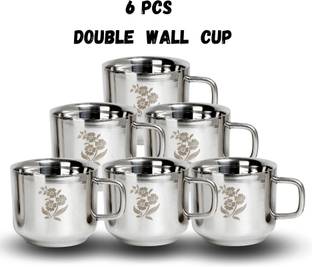 Q4S Pack of 6 Stainless Steel cup Double Wall cups , Flower Laser chai coffee tea cup