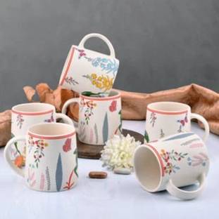 Classydesigners Pack of 6 Ceramic Alive Theme Tea Cups, Hand Painted in Pink Art, Set of 6 Cups, 330 ml