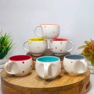 THE INDIA STYLE Pack of 6 Ceramic Pack of 6 Ceramic Solid Multi with Dot Printed White Tea Cup/Coffee color Cup Set with Handle set of 6 (Multicolor)