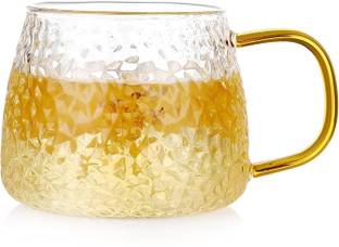 anjaneya enterprise Pack of 2 Glass Tea and Coffee Cup Glass Mug, Lemon Tea Cup with Handle Golden (pack of 2)