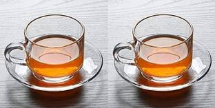 TINSUHG Pack of 2 Glass 2 Glass Roma Glass Tea Cup & Saucer Set, Clear Cups (Set of 2- Cup 2 & Saucer 2)
