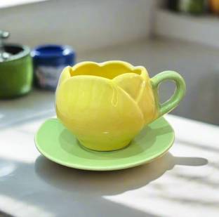 the crockery studio Pack of 1 Ceramic Elegant Tulip Ceramic Mug with Saucer – Coffee & Tea Set for Home & Office