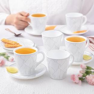 Larah by Borosil Pack of 12 Opalware Premia Series Ivy 12pc 160ml Embossed Design Tea/Coffee Mug & Saucer Set
